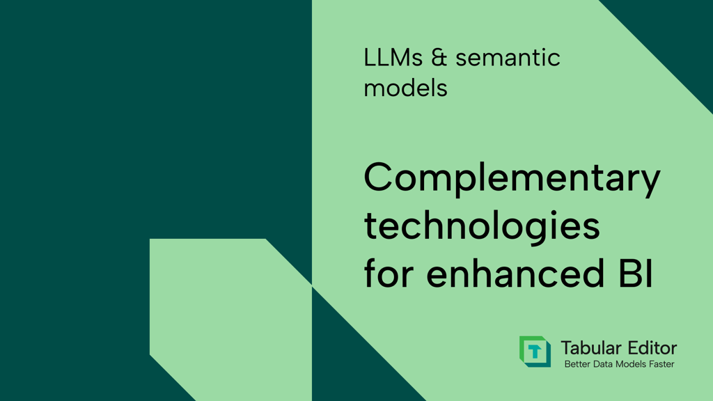 Graphics with green and dark teal background with text LLMs and semantic models