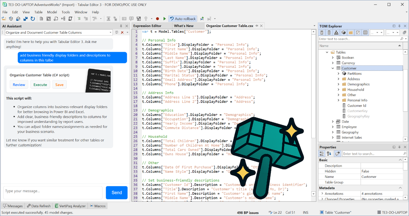 Screenshot of the resulting C# script from using the AI assistant
