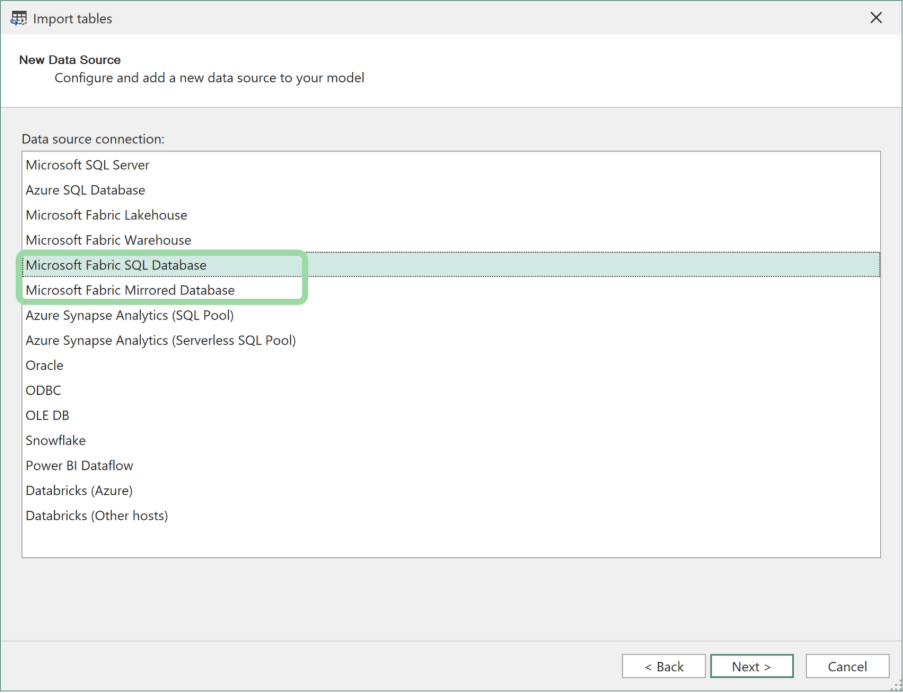 New sources in Import table wizard