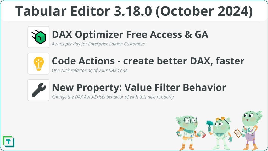 Highlighted features and improvements in the October 2024 release of Tabular Editor 3:
1. DAX Optimizer Free Access
2. Code Actions
3. Value Filter Behavior