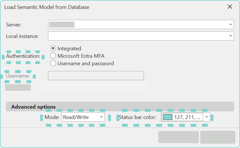 Settings in the ‘Load Semantic Model from Database’ are stored in between sessions.