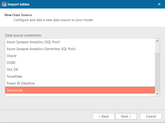 Connect to Databricks and import table metadata, when working on a Power BI Dataset inside TE3