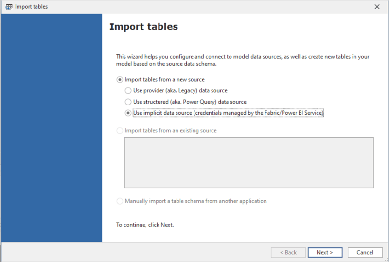 Import tables dialogue box