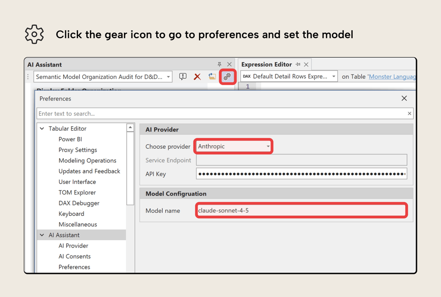 Click the gear icon to go to preferences and set the model