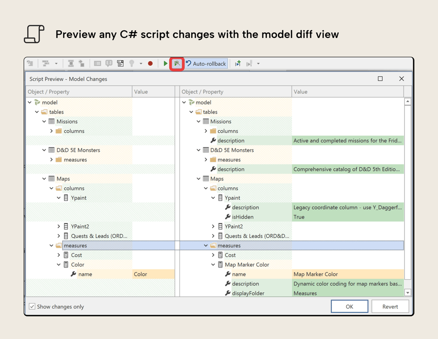 View what a C# script will do in your model before you run it with the new model change diff view.