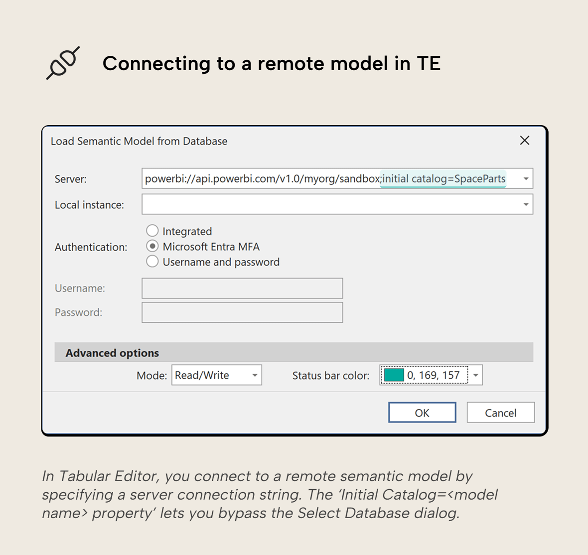 connecting-to-a-remote-model-in-TE Tabular Editor Load Semantic Model dialog with a powerbi:// connection string and Initial Catalog parameter, using Microsoft Entra MFA authentication in Read/Write mode