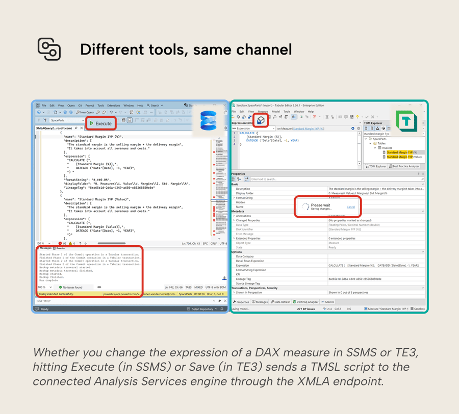 xmla-same-channel Side-by-side view of SSMS and Tabular Editor 3 editing the same DAX measure. Both tools send TMSL scripts to the Analysis Services engine through the XMLA endpoint