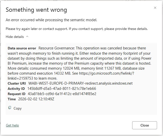 Æ001 Figure 7 - Error dialog in Fabric showing a Resource Governance data source error: the operation was canceled because there was not enough memory, with consumed memory of 12024 MB against a memory limit of 11267 MB