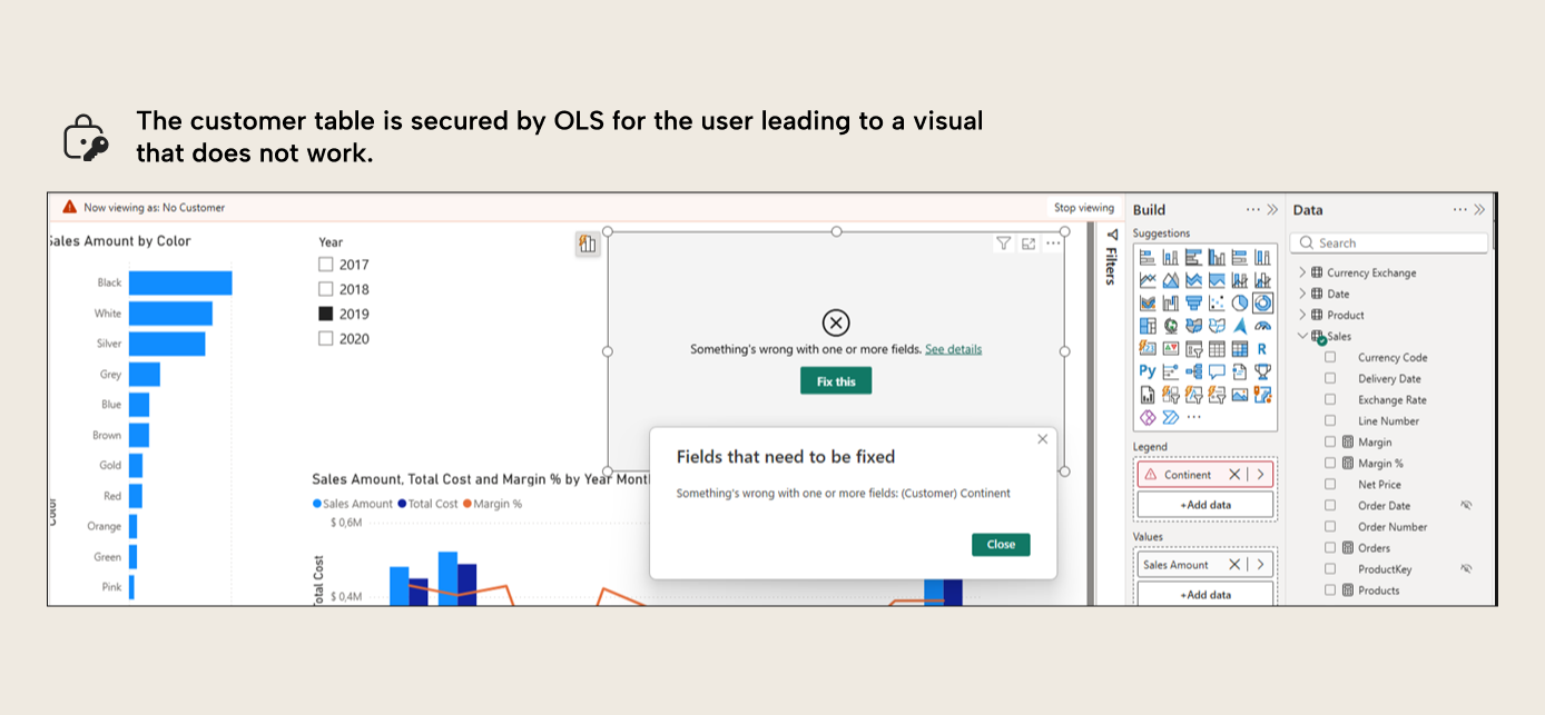 B003 Figure 8 - Power BI report showing an error when OLS restricts access to a table used in a visual with Fields that need to be fixed dialog