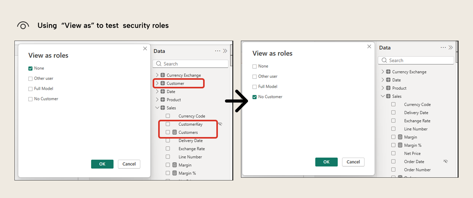 B003 Figure 7 - Power BI View as roles dialog showing before and after comparison when testing OLS with the No Customer role hiding the Customer table and CustomerKey column