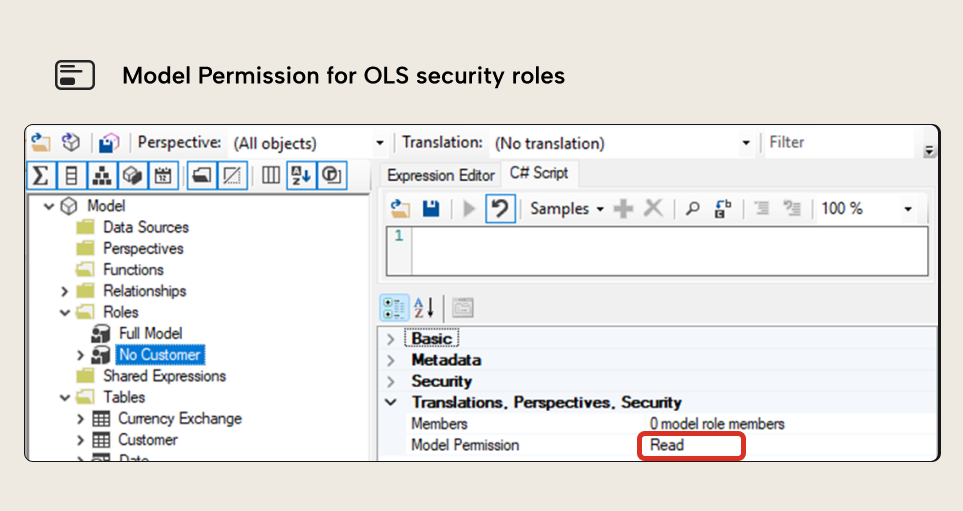 B003 Figure 3 - Tabular Editor showing the Model Permission property set to Read for the No Customer security role used with OLS