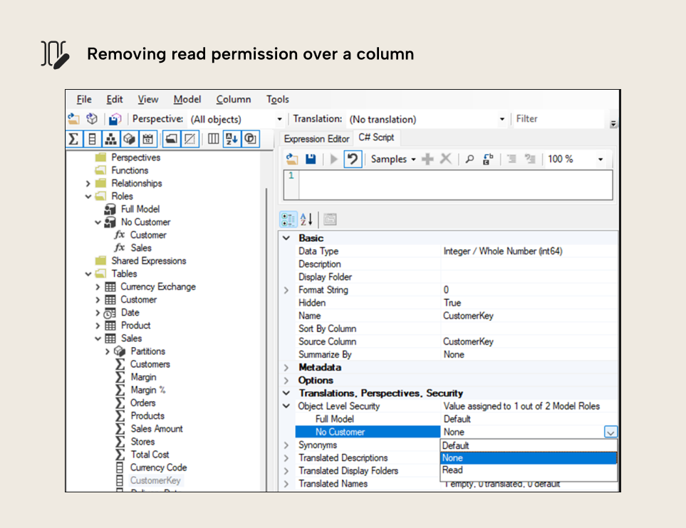 B003 Figure 5 - Tabular Editor showing how to remove read permission on the CustomerKey column in the Sales table using Object Level Security