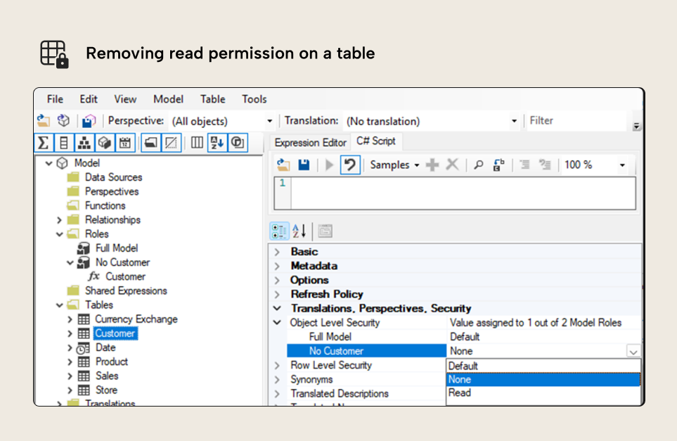 B003 Figure 4 - Tabular Editor interface showing how to remove read permission on the Customer table by setting Object Level Security to None