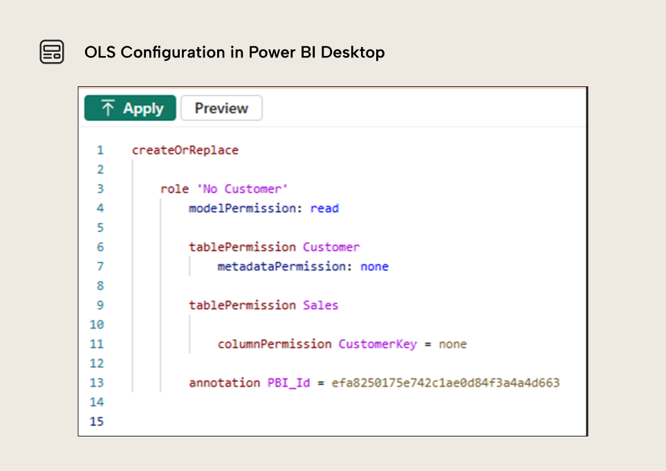 B003 Figure 6 - TMDL code showing OLS configuration with the No Customer role including tablePermission for Customer and columnPermission for CustomerKey set to none