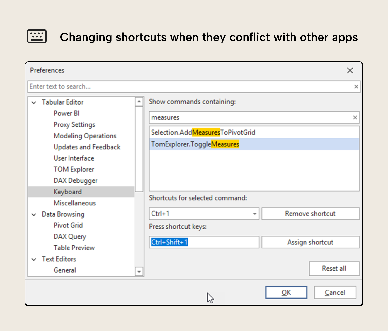 B004 Figure 8 - The Tabular Editor 3 Preferences dialog showing how to resolve a shortcut conflict by remapping the ToggleMeasures command from Ctrl+1 to Ctrl+Shift+1