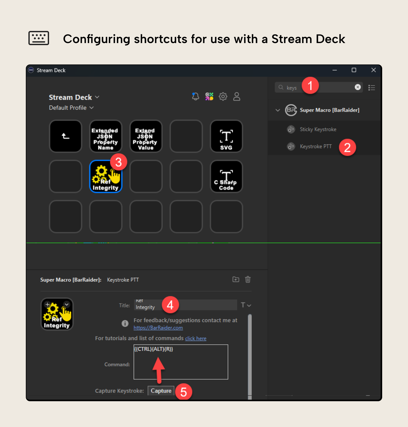 B004 Figure 9 - The Stream Deck application showing how to configure a button to execute a Tabular Editor macro using the Keystroke PTT action from the SuperMacro add-in, with numbered steps highlighting the key configuration options