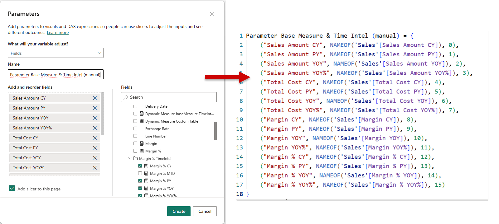 B005 Figure 15 - Side-by-side comparison: Power BI Desktop's default Field Parameters dialog produces only three columns (display name, field, sort order), while the "Create Field Parameter (with Properties)" script generates a table with extra baseMeasure and TimeIntel grouping columns