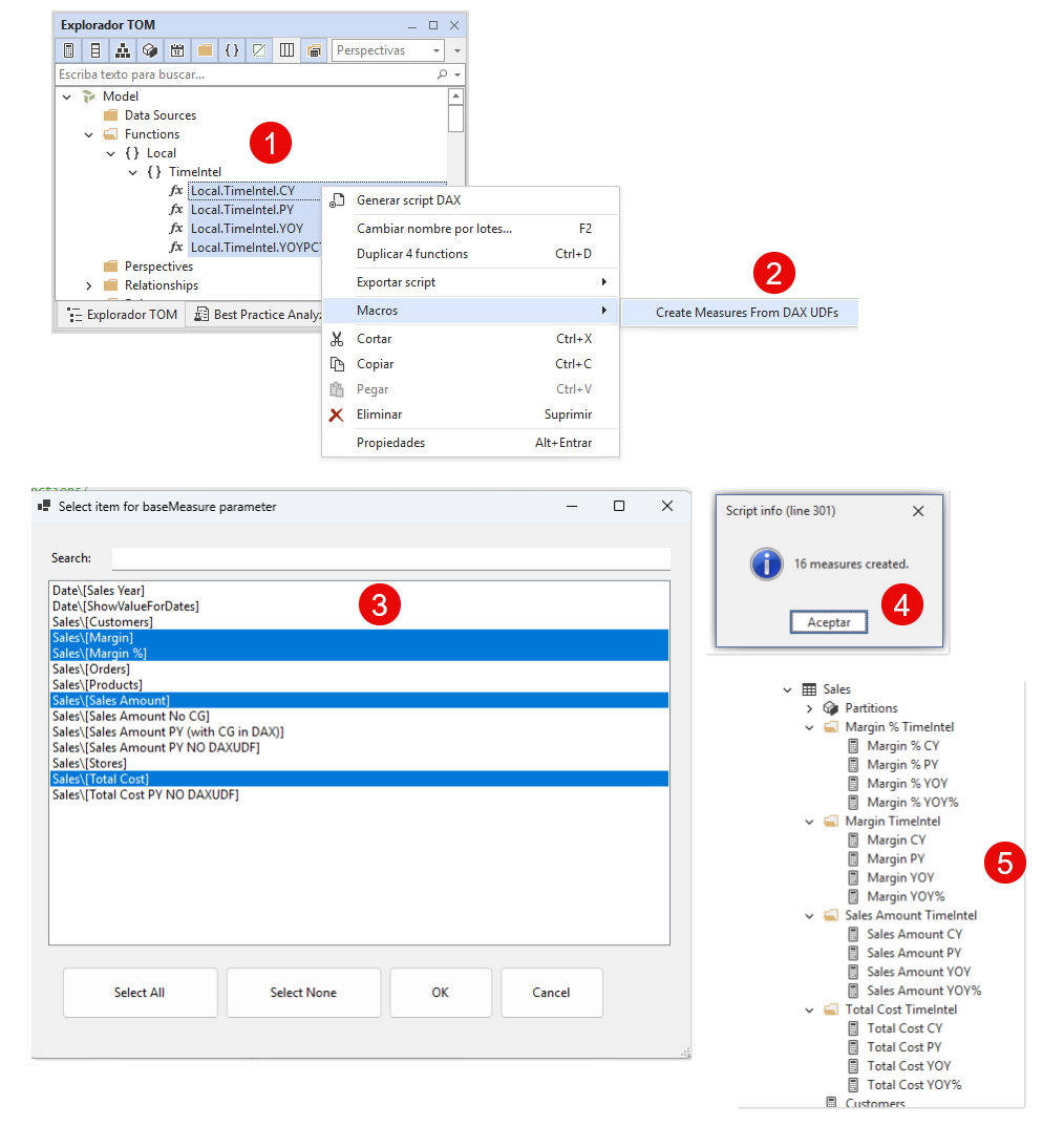 B005 Figure 14 - Five-step Tabular Editor screenshot of the "Create Measures From DAX UDFs" macro: picking time-intel DAX UDFs in the TOM Explorer, running the macro, selecting base measures, seeing the "16 measures created" confirmation, and the resulting measures organized in display folders