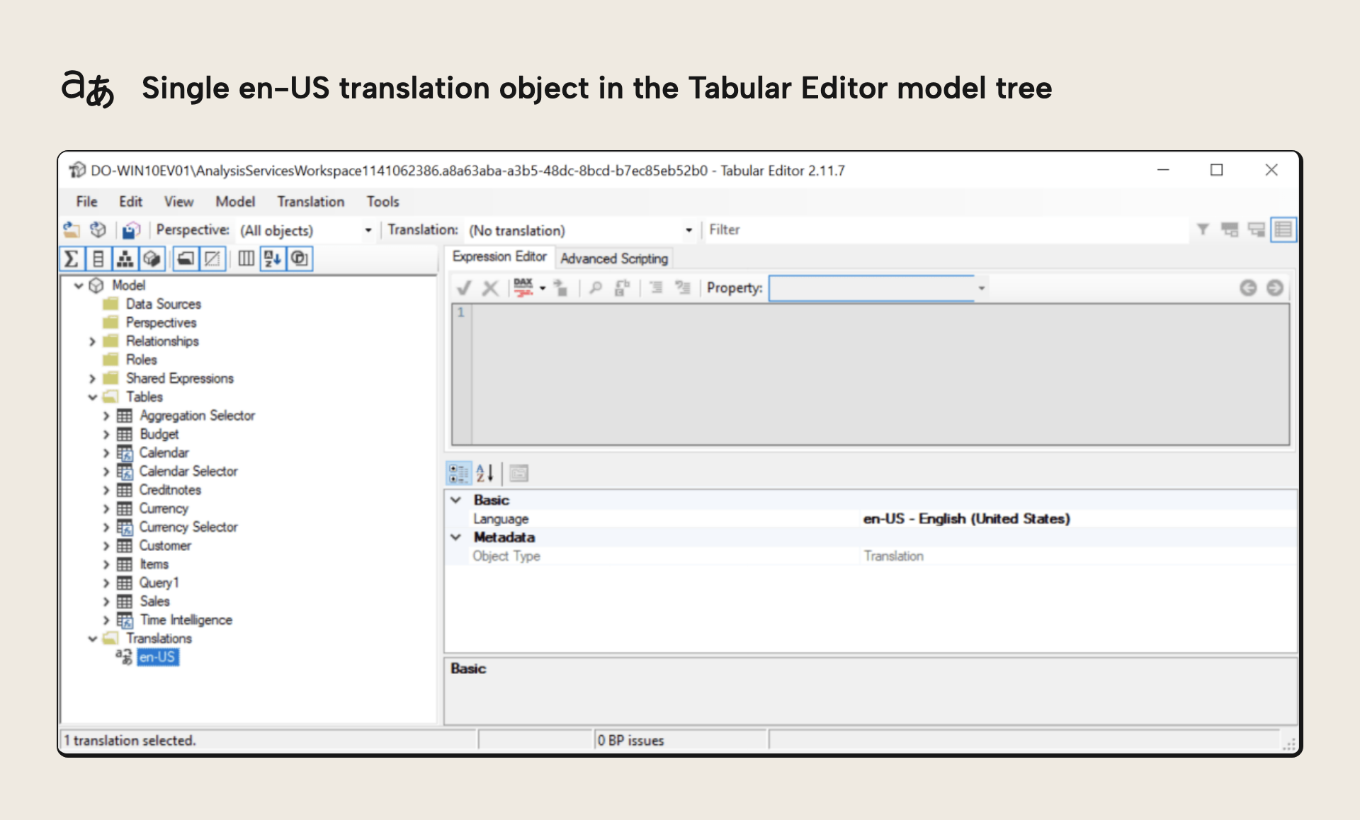 The single Translation object matching the model language, shown in Tabular Editor