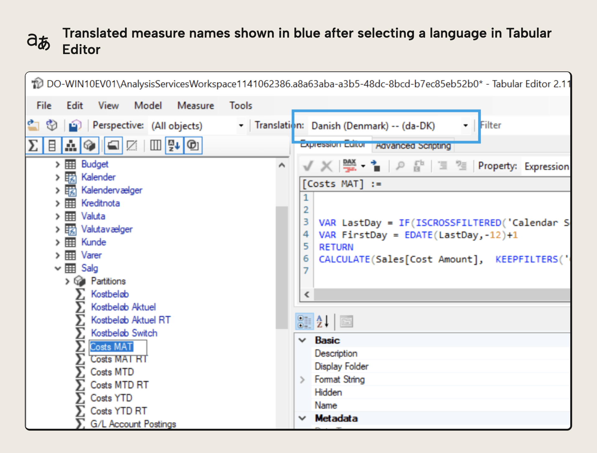 Translated object names shown in blue after selecting a language in the dropdown