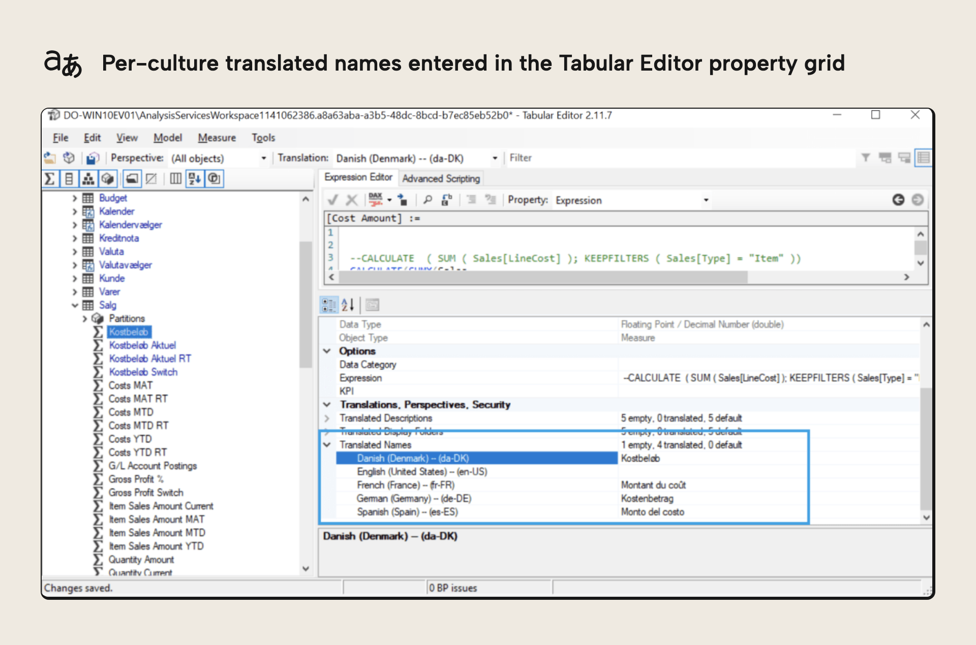 Entering translated names per culture in the Translated Names property grid