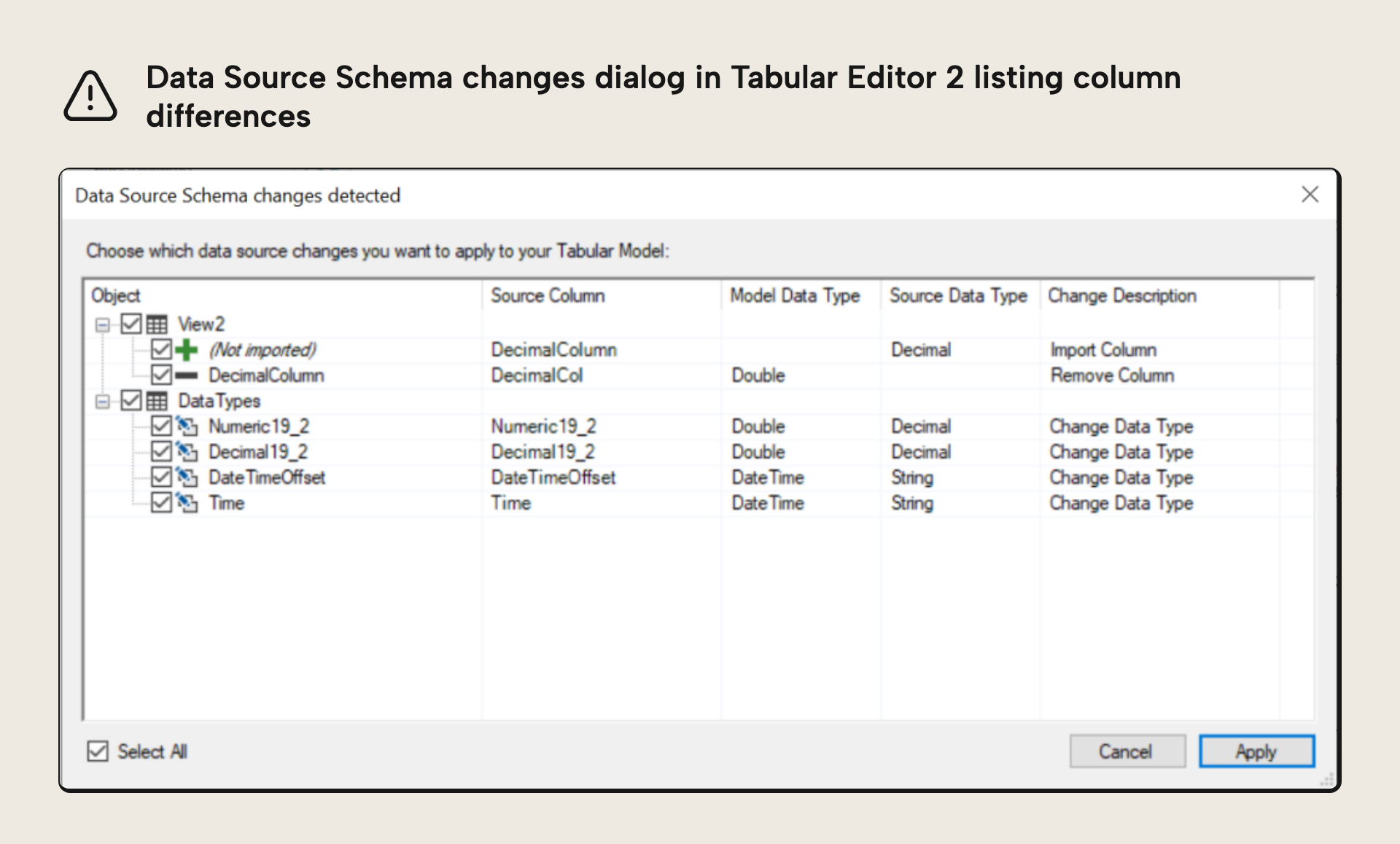 A schema check in Tabular Editor 2 shown in the GUI, listing detected data source schema changes