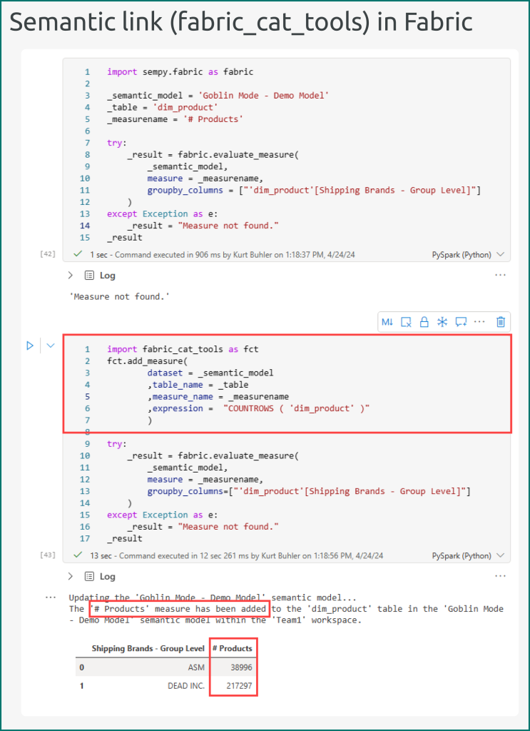 programmatically creating a DAX measure for a semantic model by using the fabric_cat_tools library within Fabric notebooks.