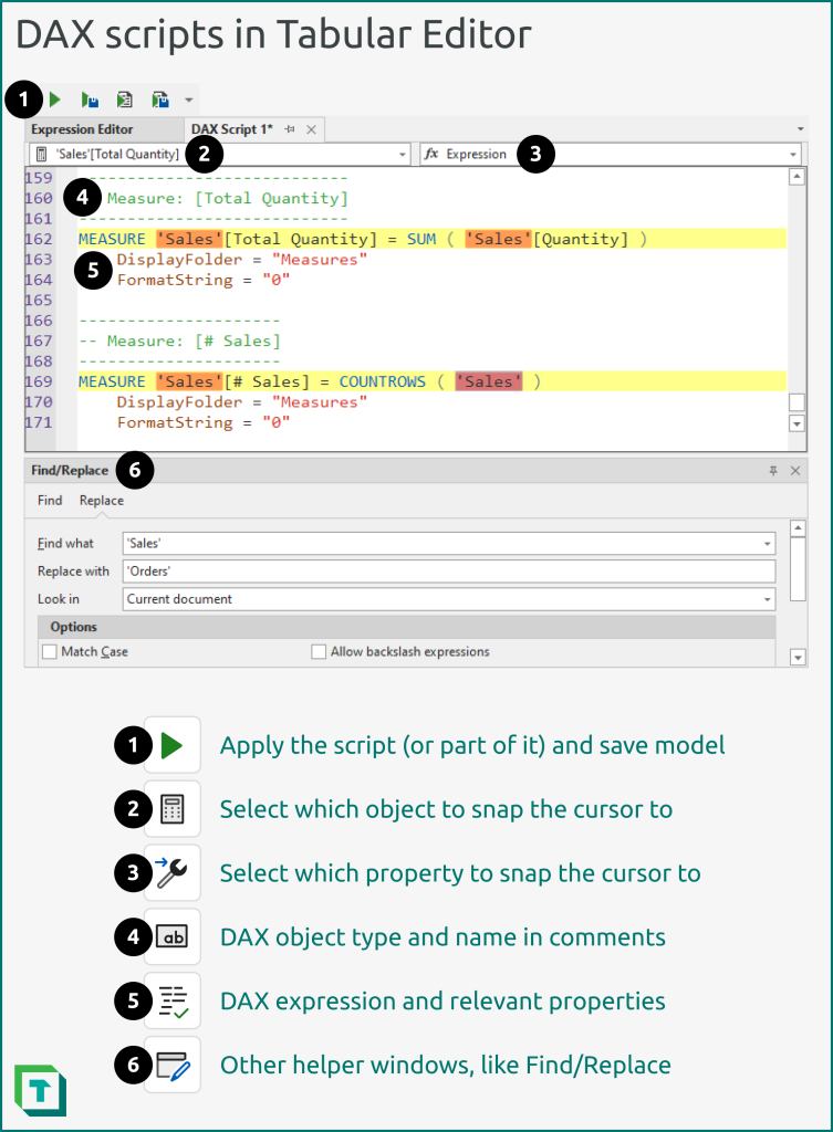 DAX scripts let you edit multiple objects and their properties at once, including applying formatting, find/replace, renaming, and so on.