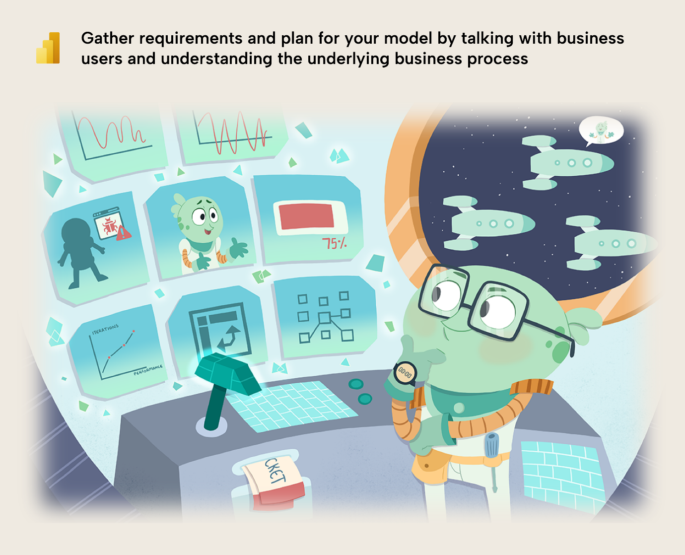 KB013 Figure 2 - Illustration of an analyst studying reports and charts with a magnifying glass, representing requirements gathering by talking with business users about the business process