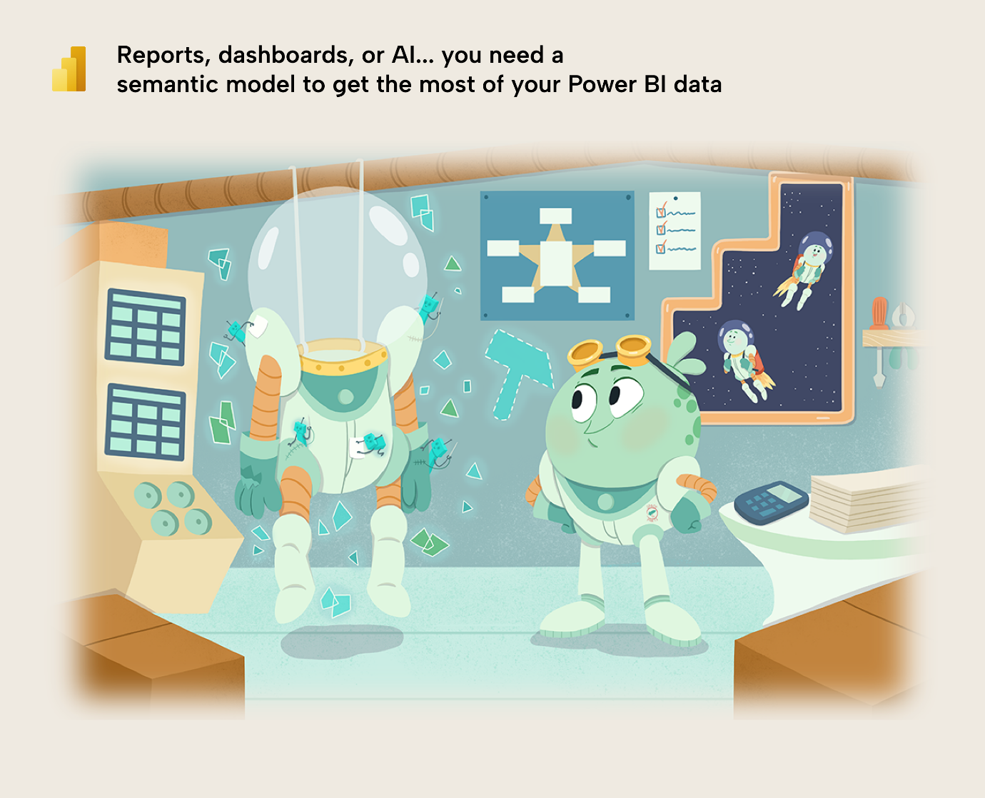 KB013 Figure 1 - Illustration of two SpaceParts characters in a lab, showing that reports, dashboards, and AI all rely on a Power BI semantic model