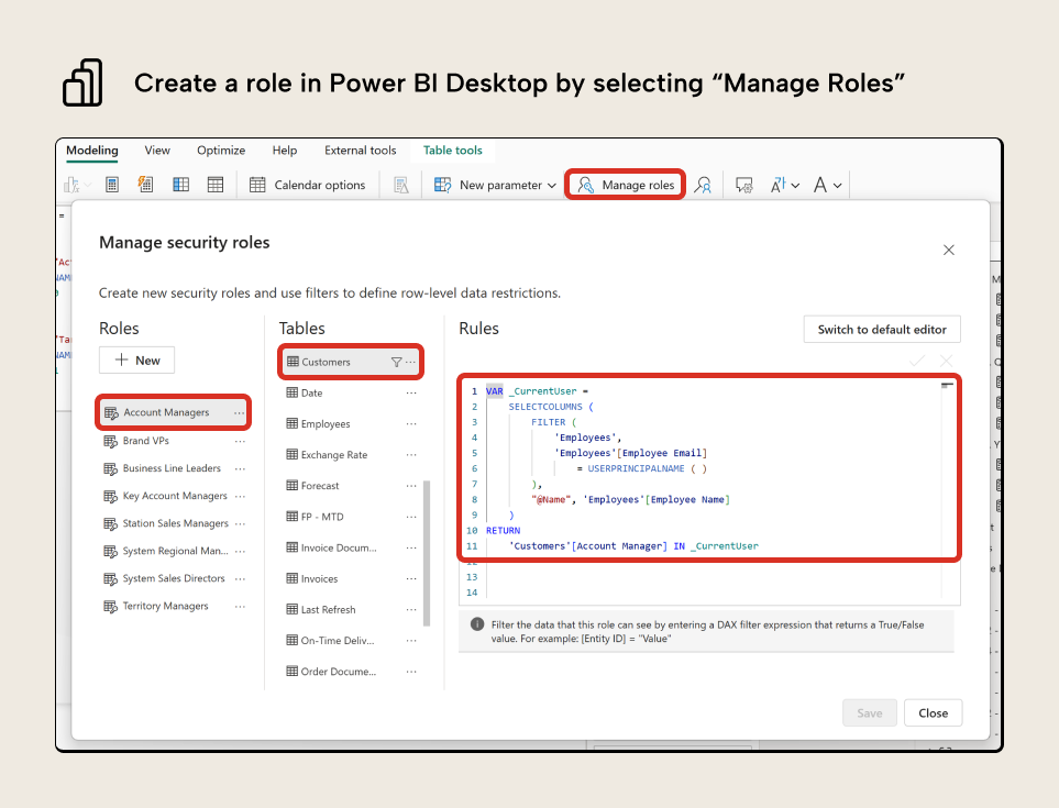 K027 Figure 3 - The Manage Roles dialog in Power BI Desktop showing the Account Managers role with a DAX filter expression