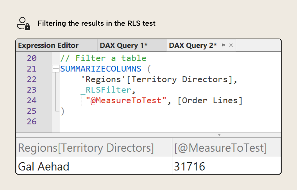 K027 Figure 9 - DAX query results showing filtered Territory Directors data with RLS filter applied