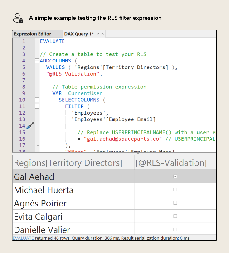 K027 Figure 8 - DAX query window showing an ADDCOLUMNS expression testing RLS filter validation with Territory Directors