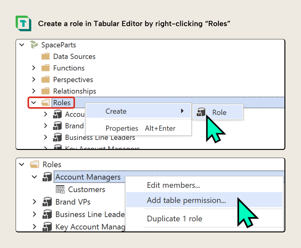 K027 Figure 4 - Tabular Editor interface showing how to create a new role by right-clicking Roles in the TOM Explorer