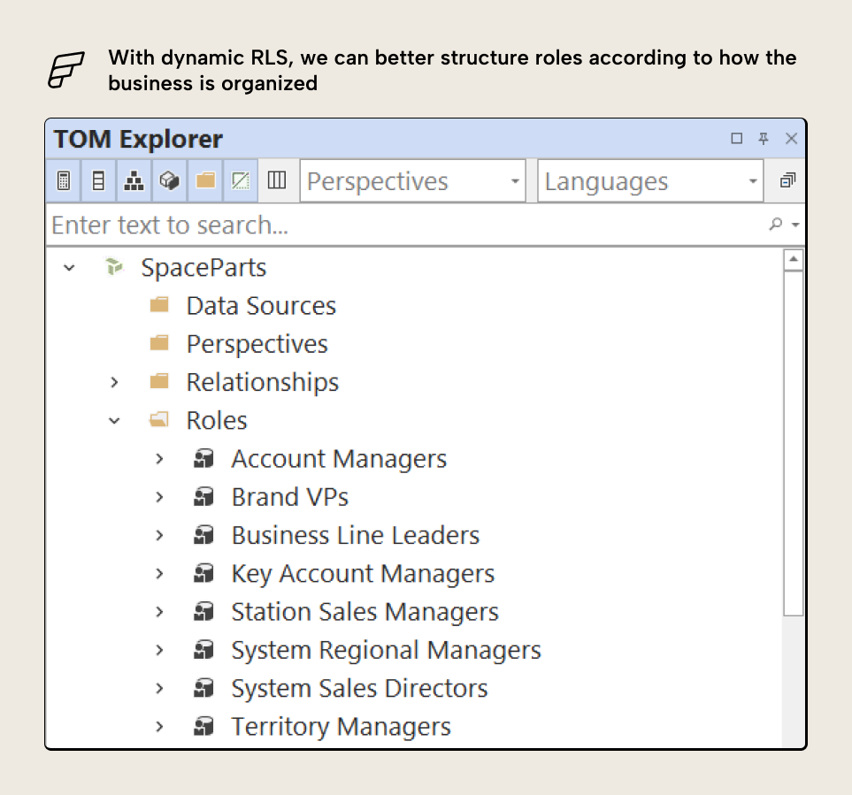 K027 Figure 7 - Tabular Editor TOM Explorer showing the Roles folder expanded with multiple security roles