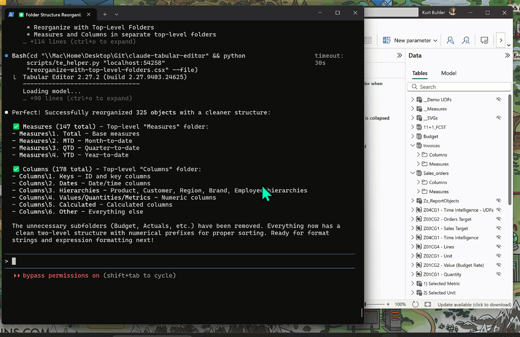 K028 Figure 2 - An example of a coding agent, Claude Code, making changes to a semantic model via C# scripts