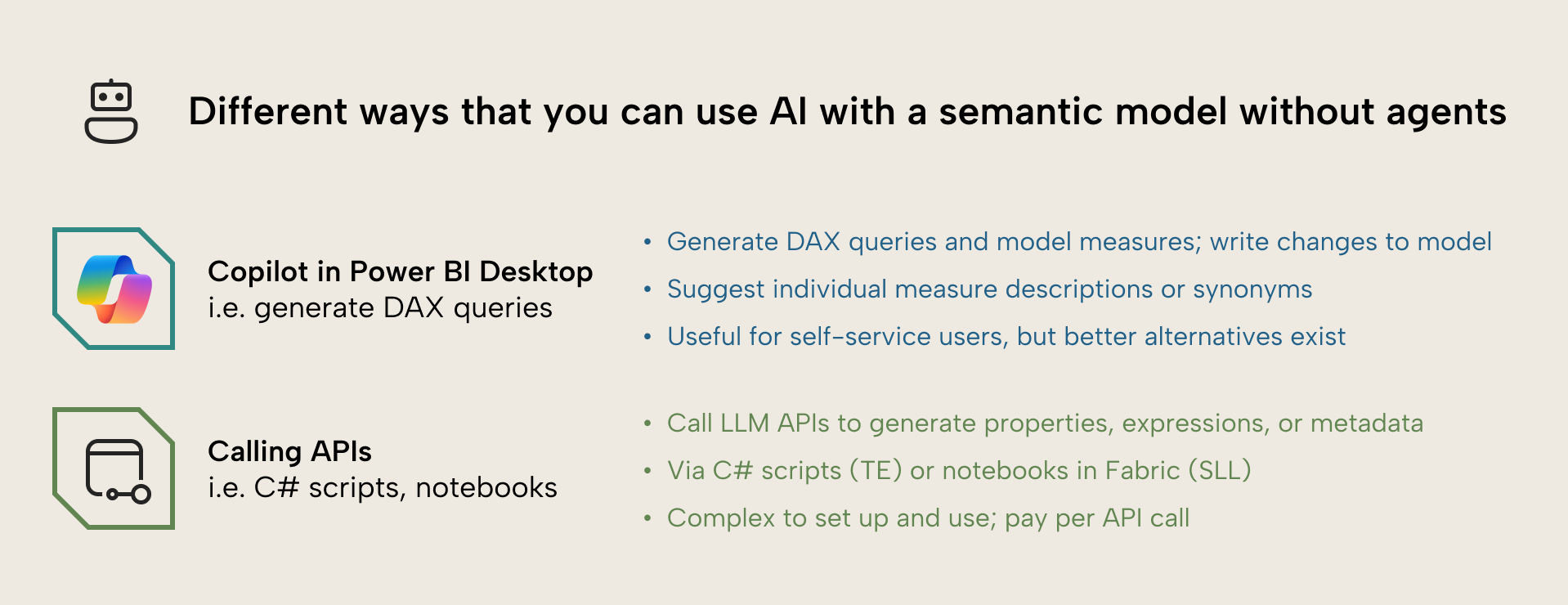 K028 Figure 6 - You can use Copilot in Power BI Desktop or you can call LLM APIs to use AI with semantic models without using agents