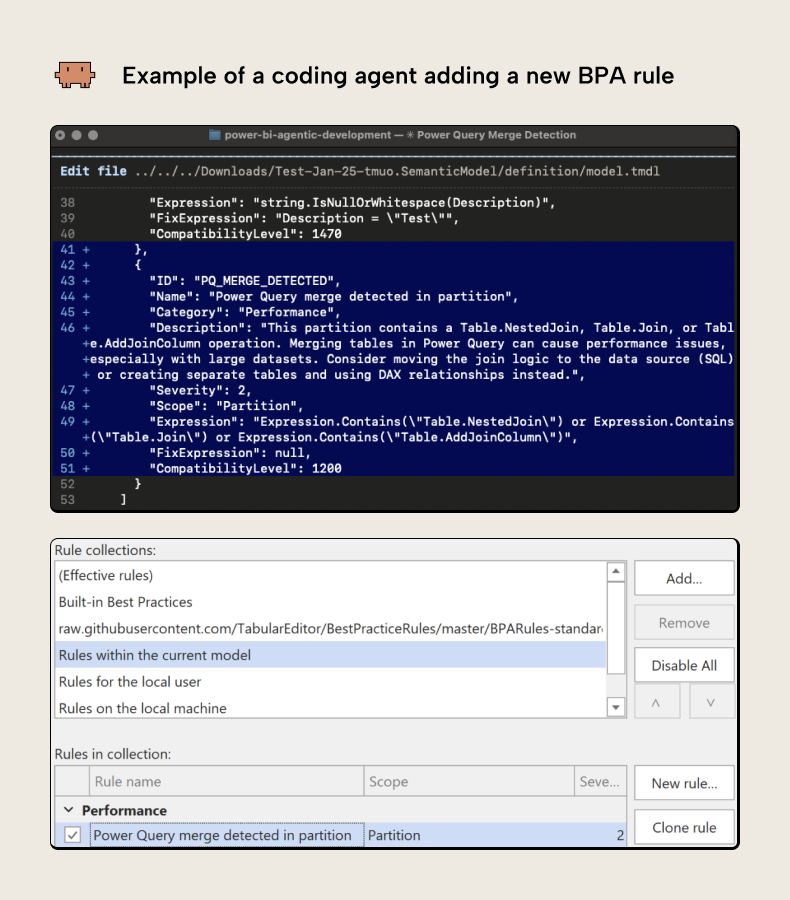 K033 Figure 10 - Coding agent creating a new BPA rule to detect Power Query merge operations, showing the generated JSON rule definition and the updated Best Practice Analyzer results in Tabular Editor