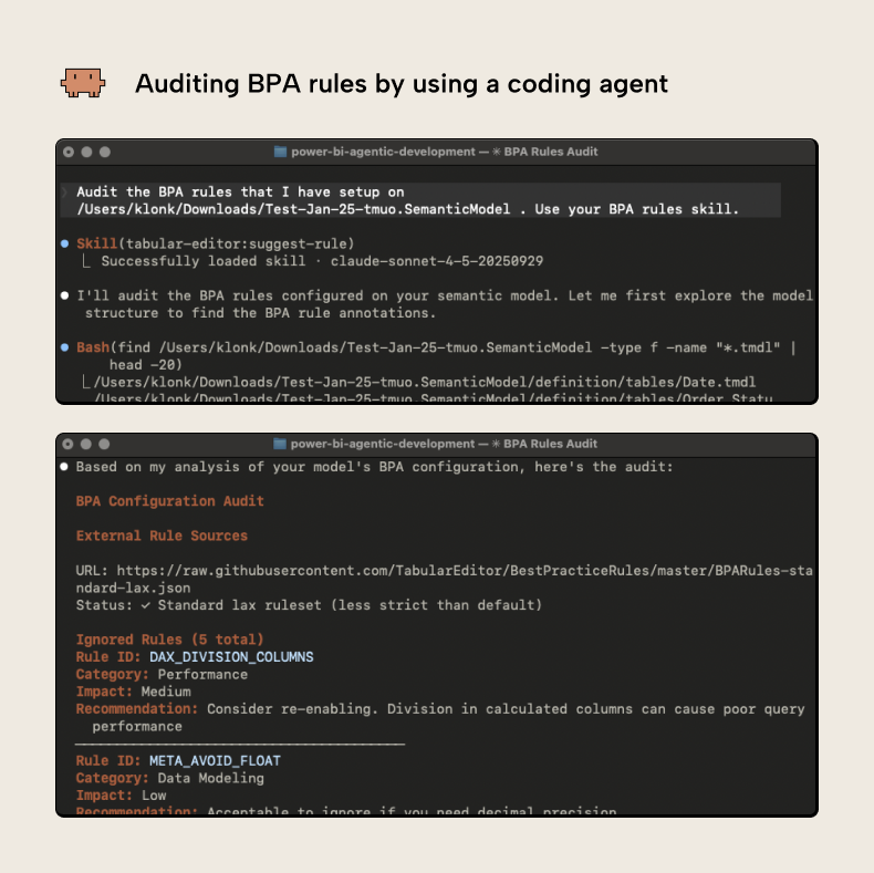 K033 Figure 9 - Terminal output showing a coding agent auditing BPA rules in a semantic model, listing each rule with its category and flagging issues like floating point data types