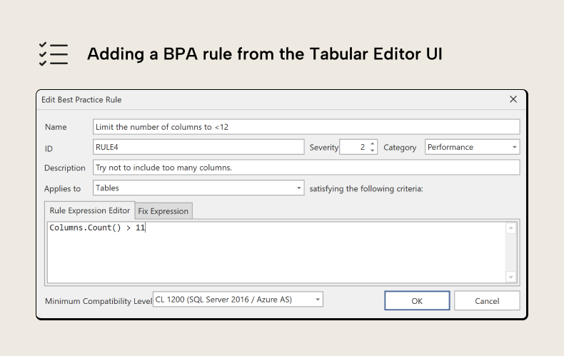 K033 Figure 7 - Edit Best Practice Rule dialog in Tabular Editor showing fields for name, ID, severity, category, description, scope, and the rule expression editor with a sample expression