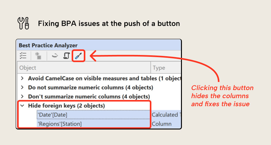 K033 Figure 5 - Best Practice Analyzer in Tabular Editor showing the fix button that automatically resolves issues like hiding foreign key columns when a fix expression is defined for the rule
