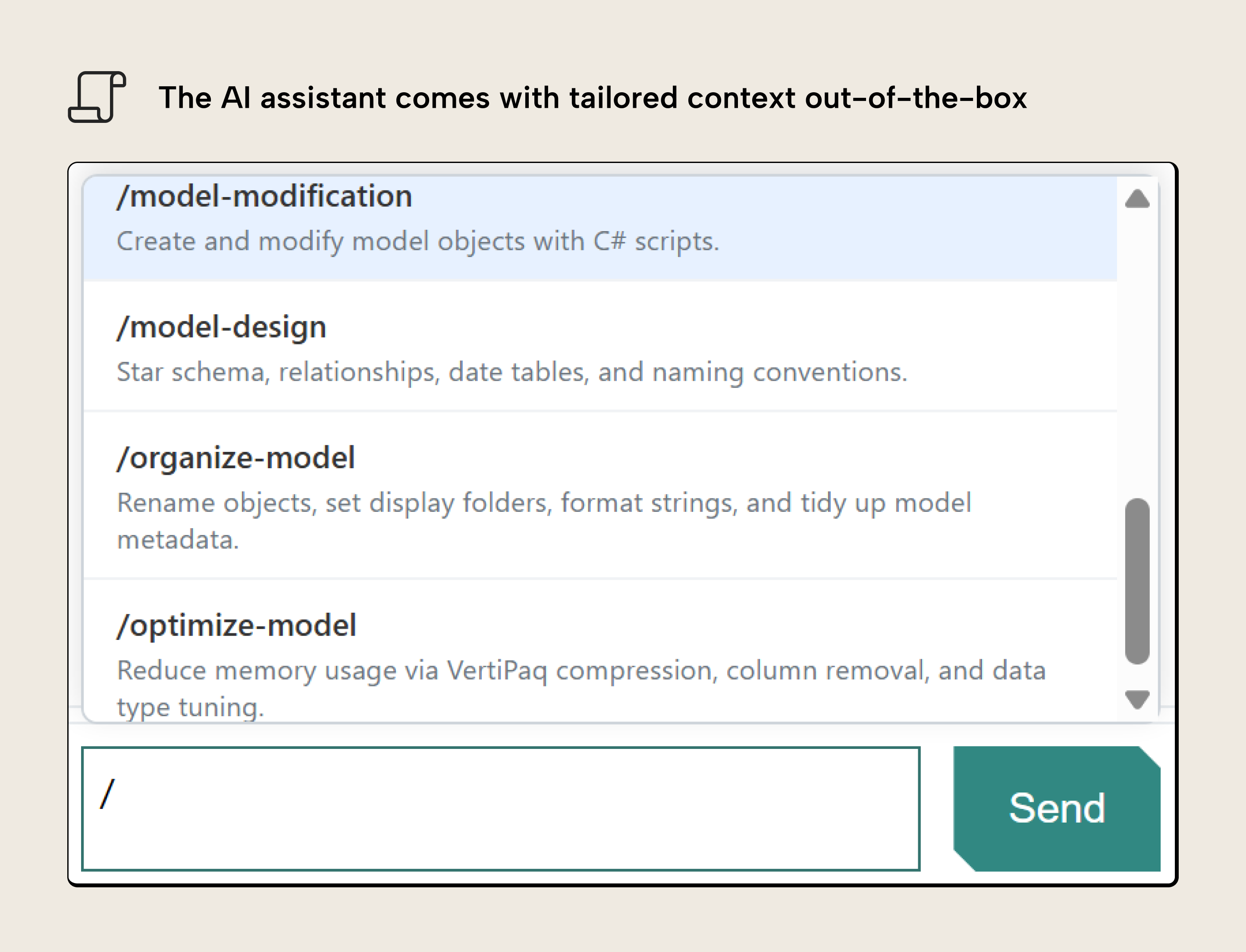 K037 Figure 9 - The AI assistant chat input in Tabular Editor showing built-in slash command skills including model-modification, model-design, organize-model, and optimize-model
