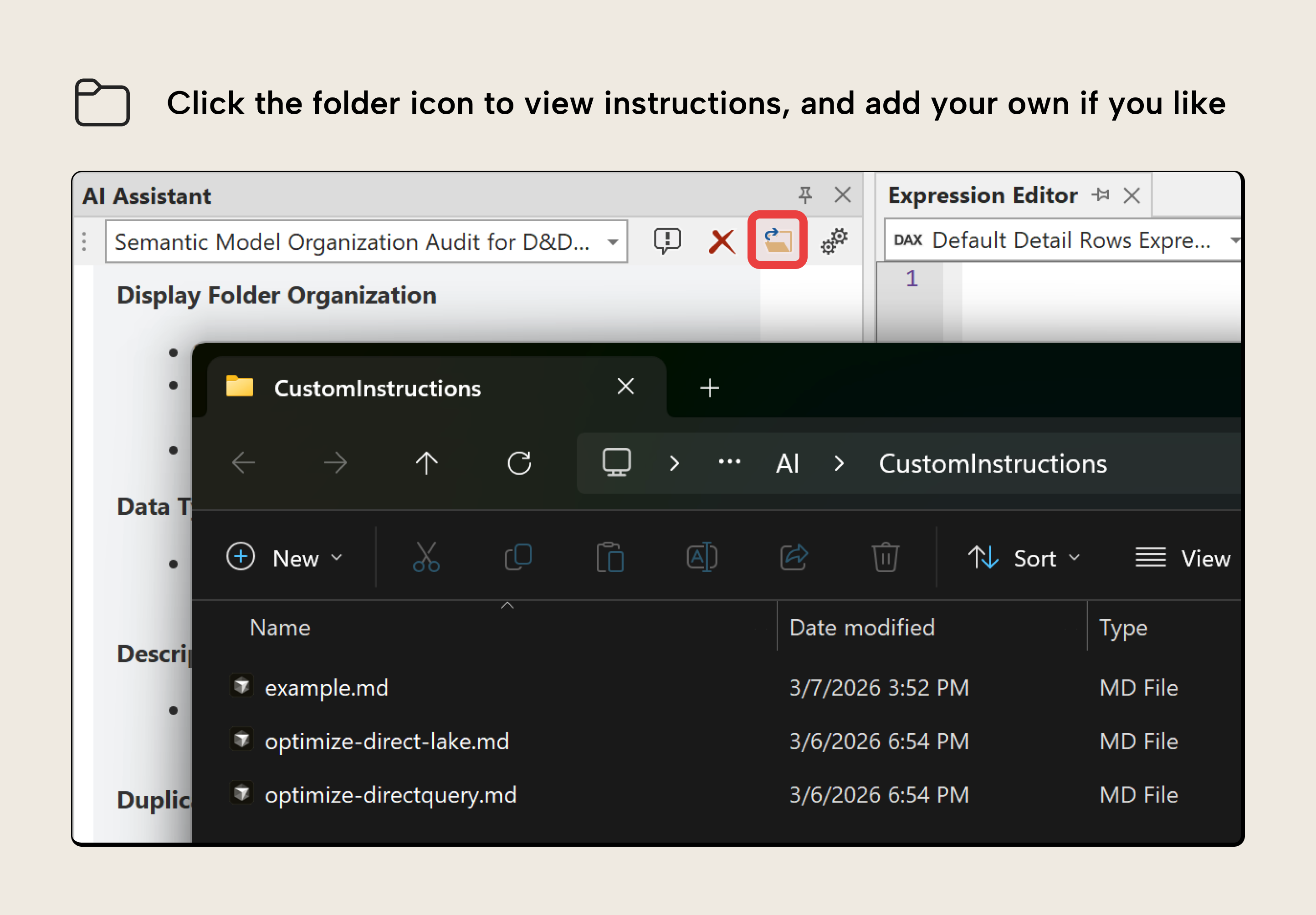 K037 Figure 8 - The custom instructions folder browser in Tabular Editor, showing markdown files for AI assistant skills that can be viewed, edited, or extended by clicking the folder icon