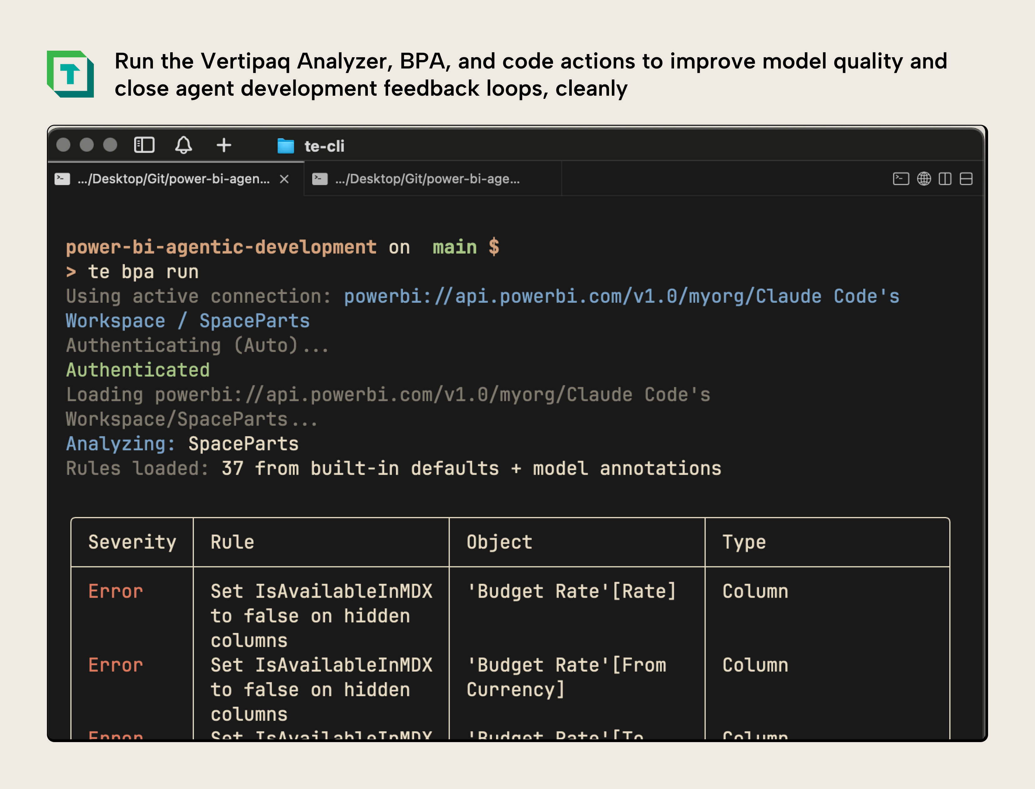 K037 Figure 13 - The Tabular Editor CLI running Best Practice Analyzer rules against a semantic model, displaying BPA violations with severity, rule name, affected object, and object type in a formatted table