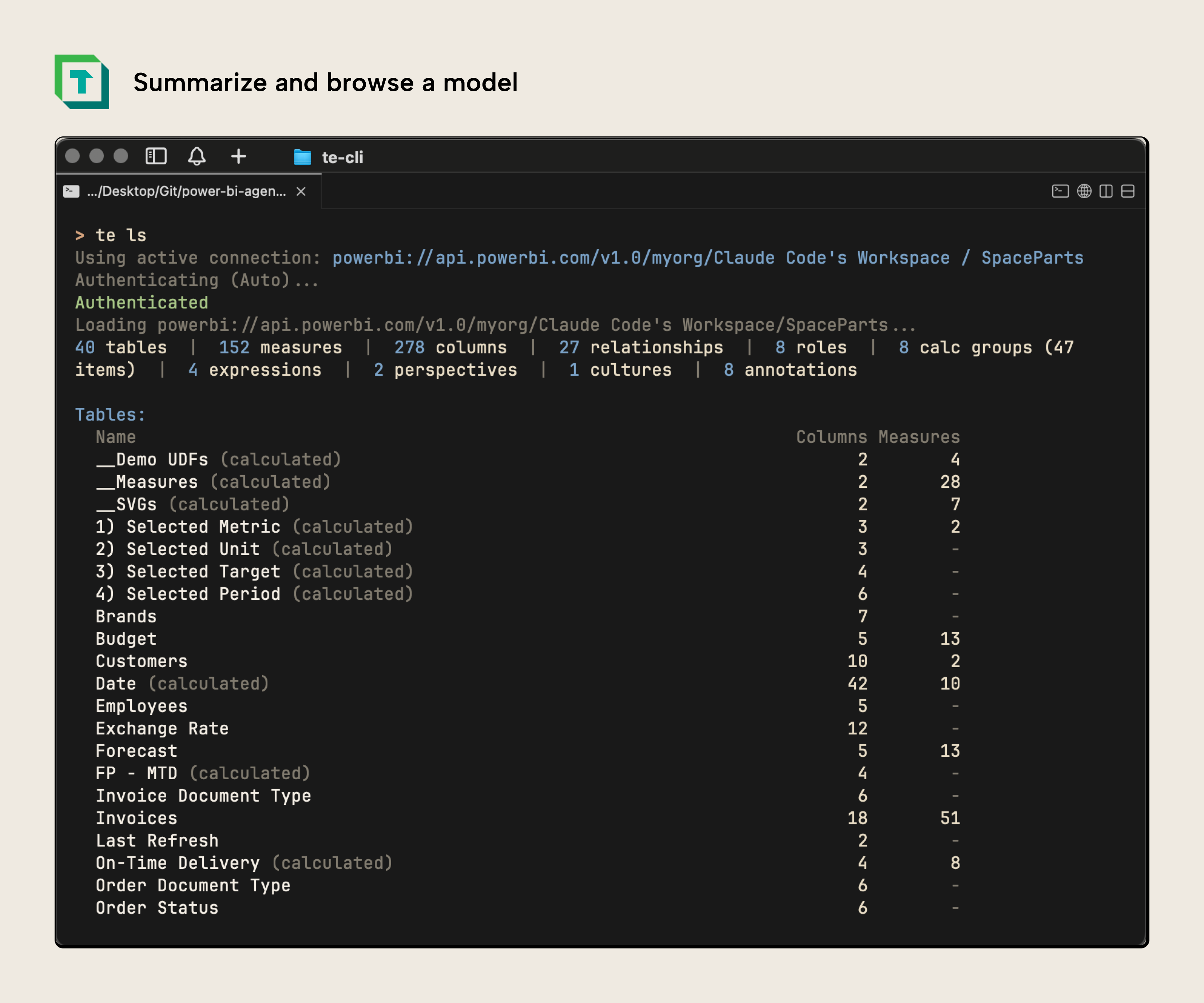 K037 Figure 11 - The Tabular Editor CLI listing a semantic model summary with object counts for tables, measures, columns, relationships, calculation groups, and other model metadata