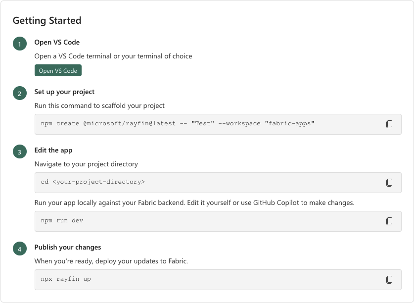 KB038 Figure 10 - Getting Started panel for a Fabric data app in VS Code: scaffold the project with npm create @microsoft/rayfin, develop locally against the Fabric backend with npm run dev, and publish with npx rayfin up