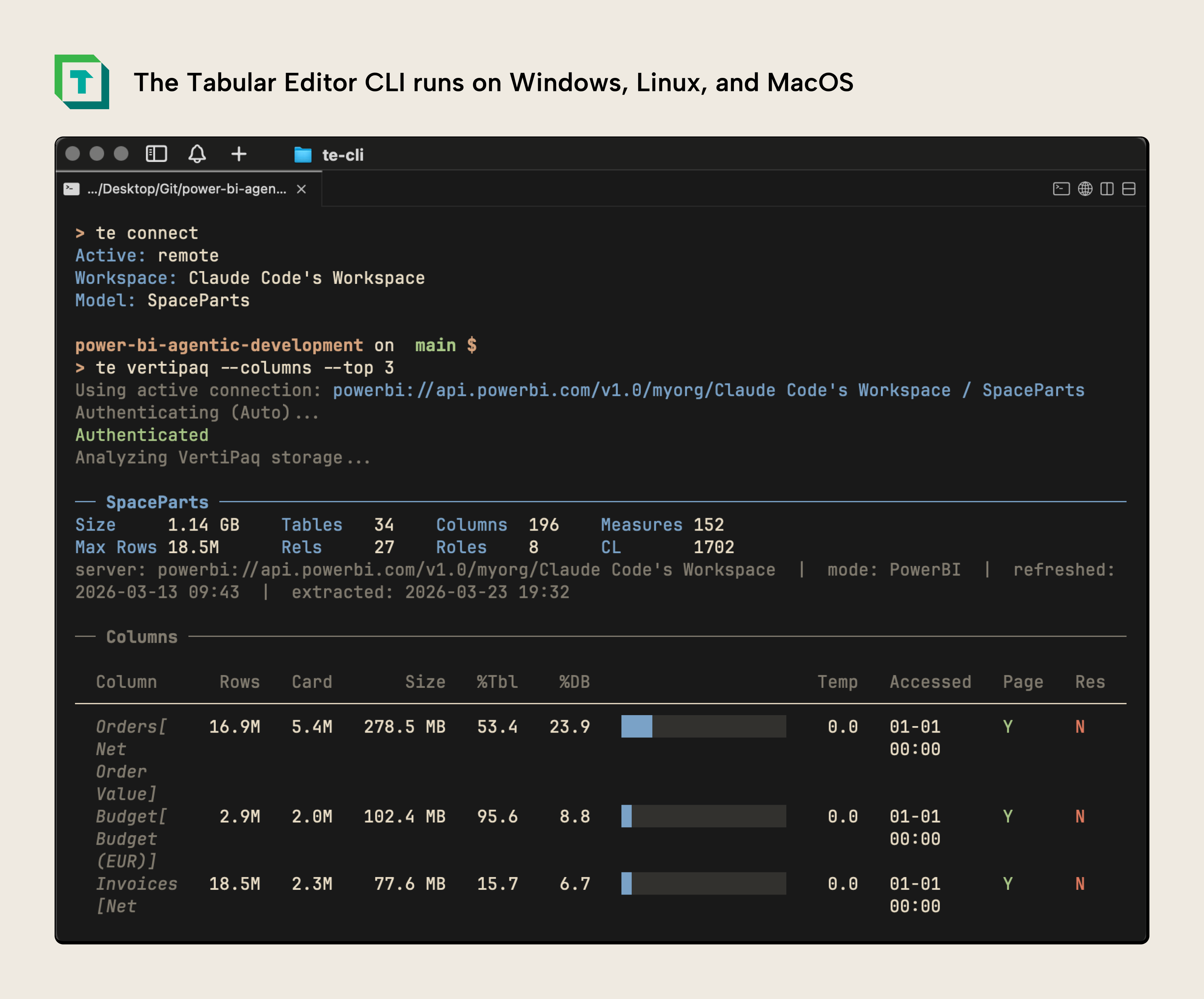 KB044 Figure 10 - The Tabular Editor CLI running on macOS, connected to a remote semantic model and displaying VertiPaq Analyzer results with table sizes, column counts, and row statistics