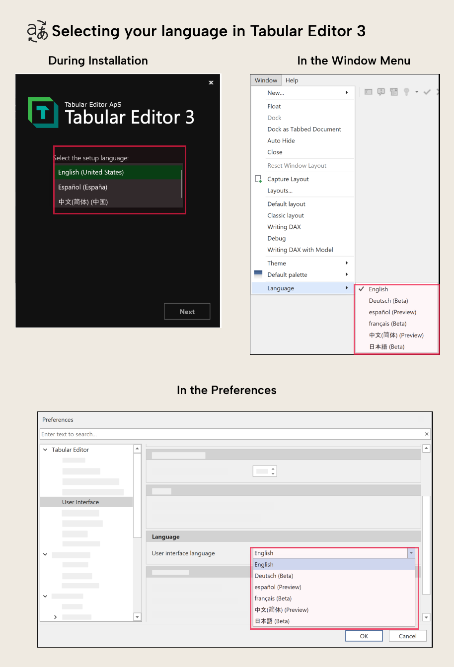 M001 Figure 2 - Selecting a language for Tabular Editor 3 either during install, in the Window Menu or in Preferences