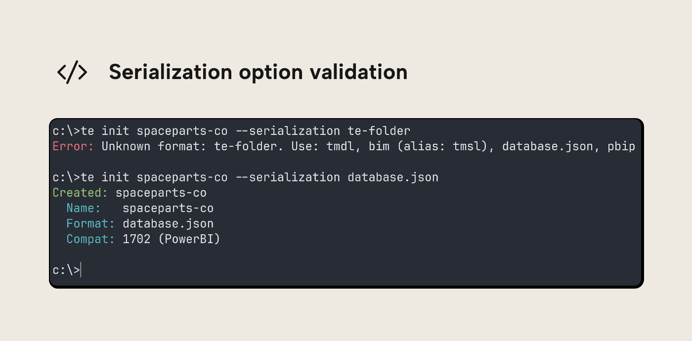 Screenshot of a Windows 11 cmd terminal showing te init erroring when invoked with te-folder serialization option and working when invoked with database.json serialization option