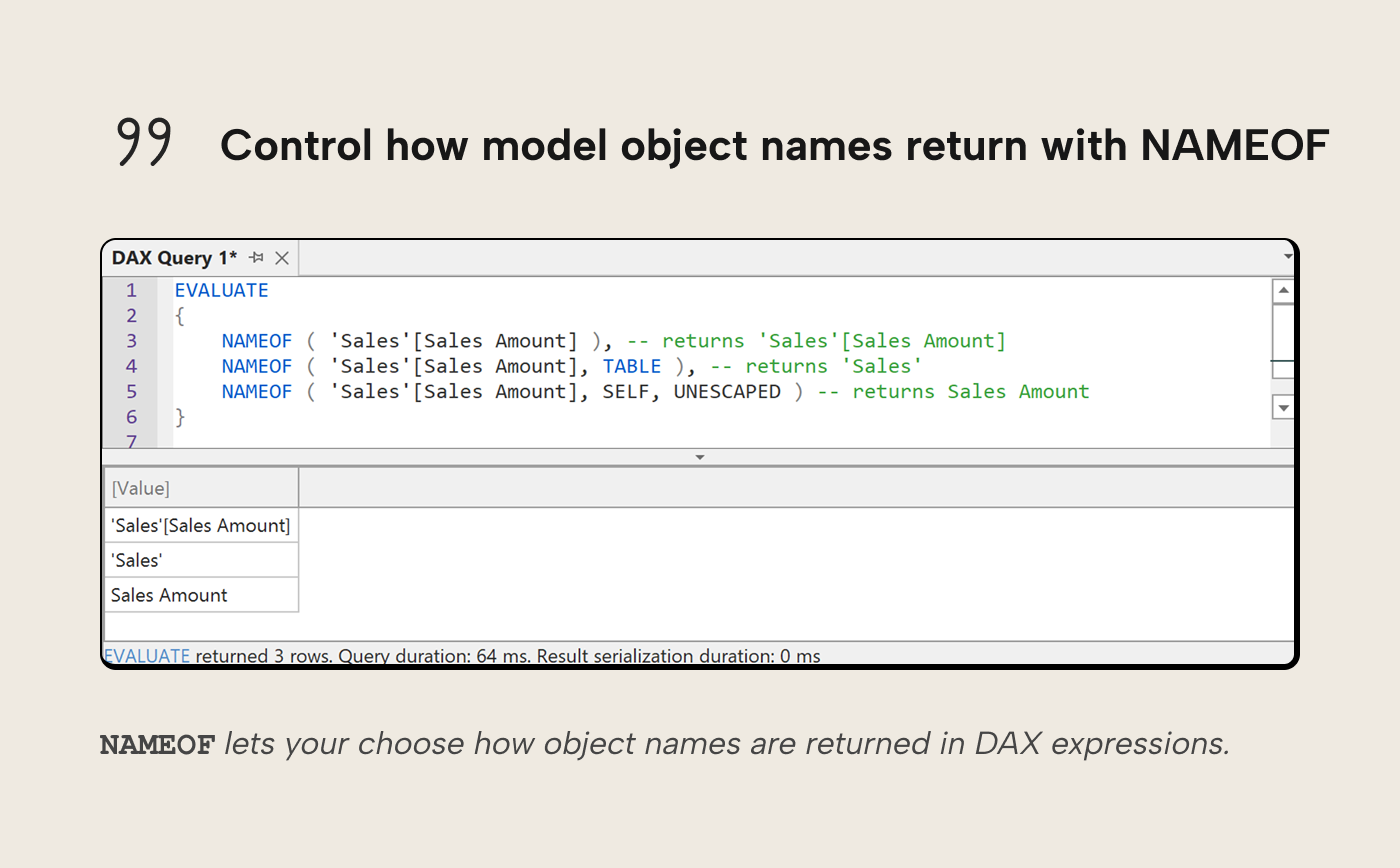 DAX query results showing NAMEOF returning a fully qualified object name, table component, and unescaped object name